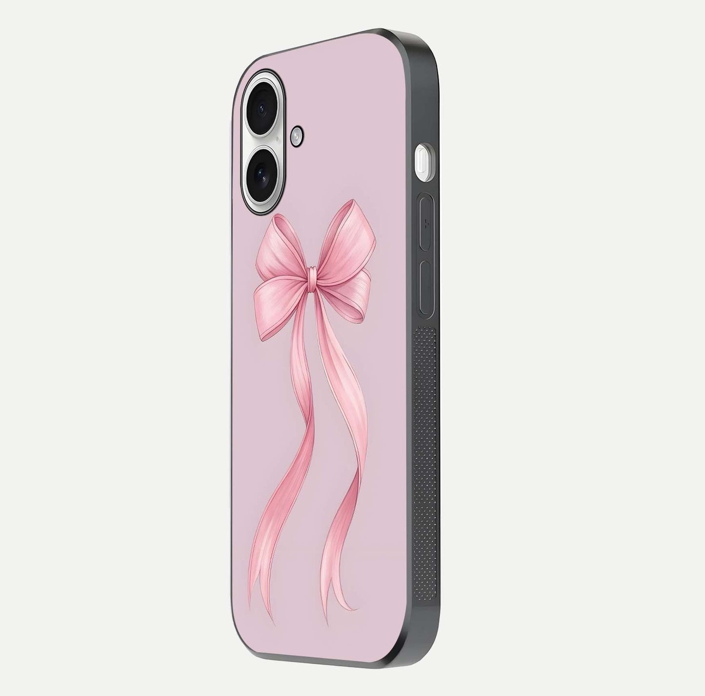 Soft Blush Bow iPhone 17 glass phone case side profile view focusing on sleek edges and seamless wrap