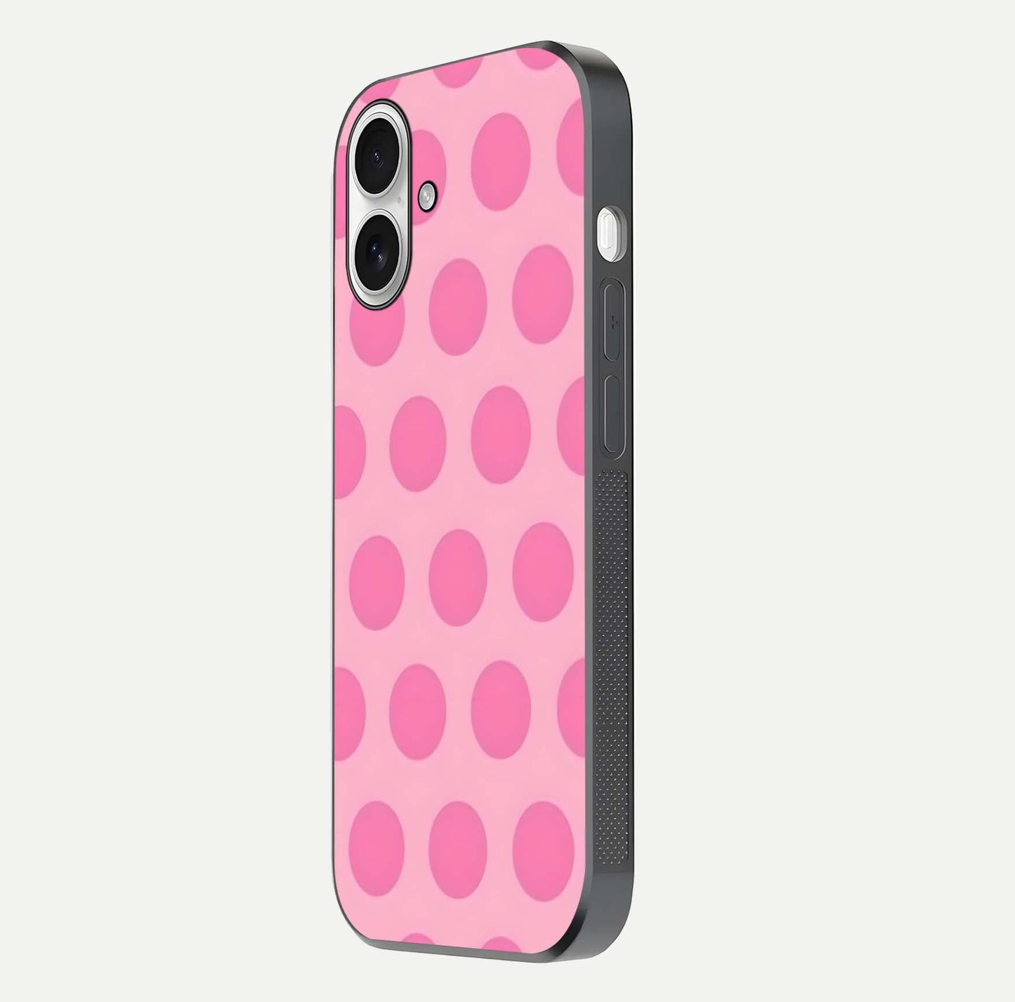 Sweet Dot Dreams iPhone 17 glass phone case side profile view focusing on sleek edges and seamless wrap