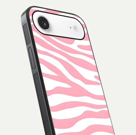 Blush Zebra Flow iPhone Air glass phone case angled back view highlighting bold zebra artwork and textured side grip