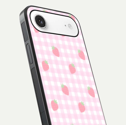 Strawberry Picnic Love iPhone Air glass phone case angled back view highlighting strawberry illustrations and textured grip