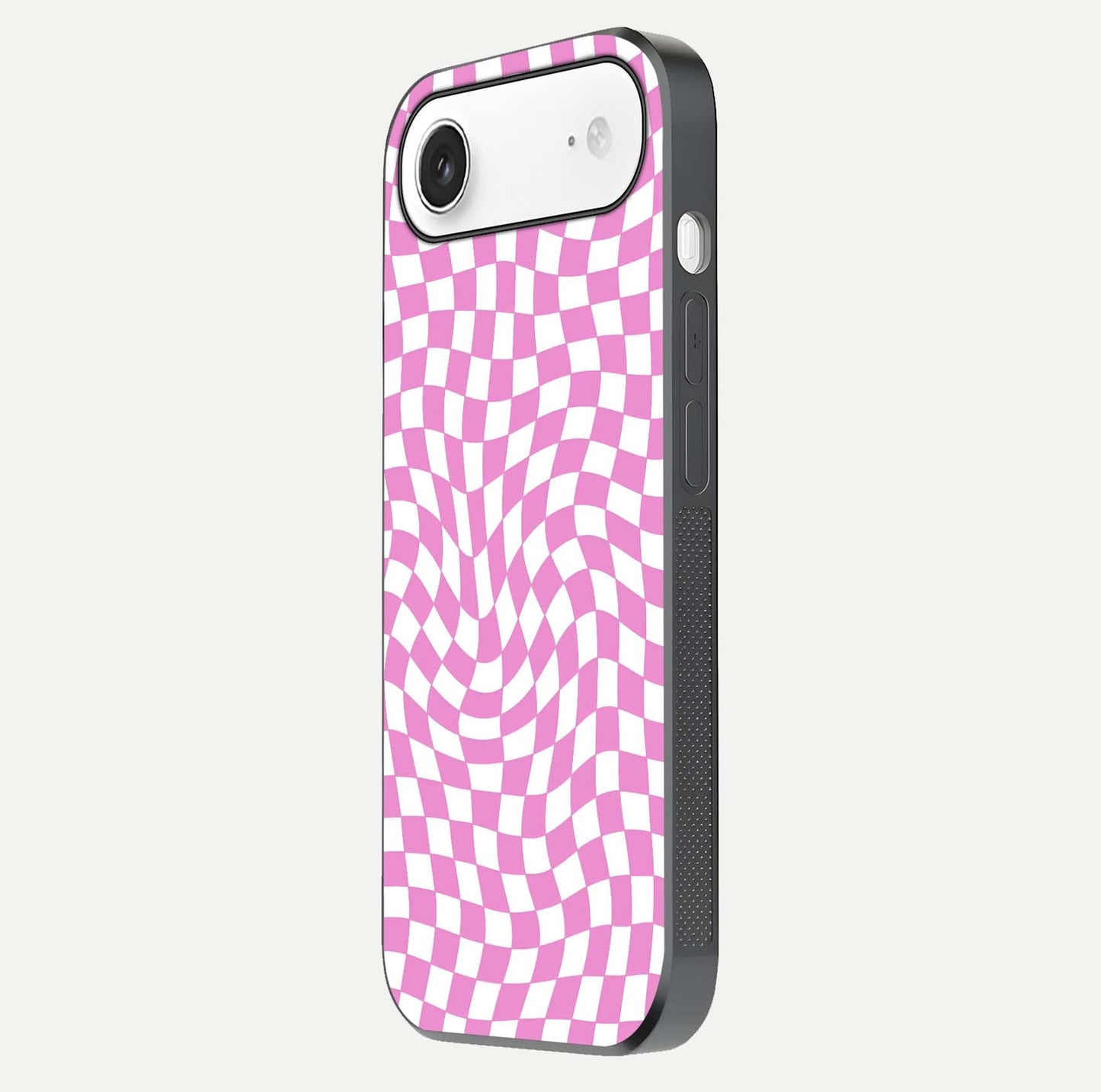 Bubblegum Check Wave iPhone Air glass phone case side profile view focusing on smooth edges and seamless wrap