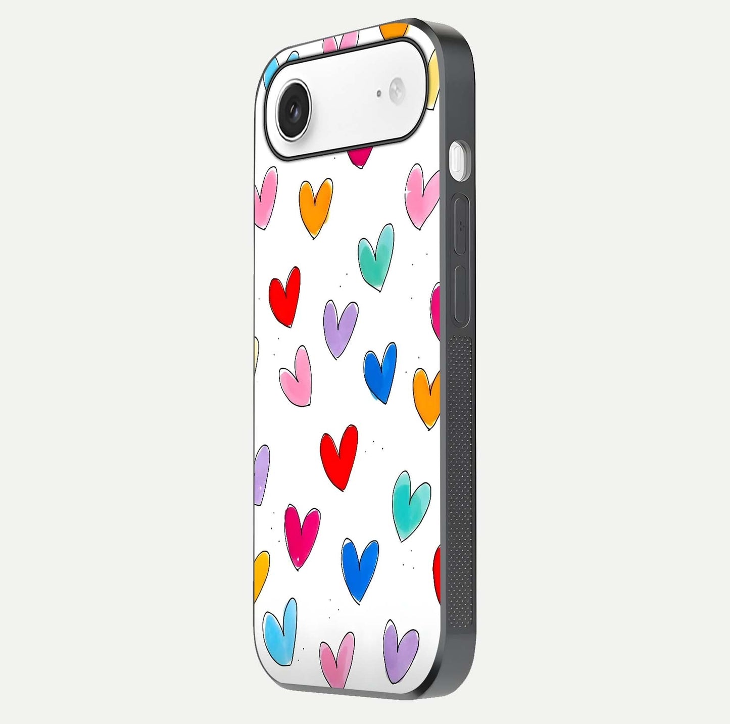 Playful Love Doodles iPhone Air glass phone case side profile view focusing on smooth frame and seamless wrap