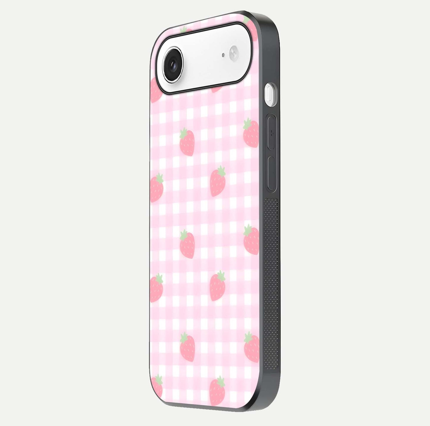 Strawberry Picnic Love iPhone Air glass phone case side profile view focusing on smooth frame and seamless wrap