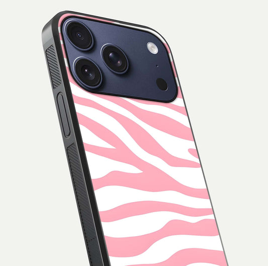 Blush Zebra Flow iPhone 17 Pro glass phone case angled back view highlighting bold zebra artwork and textured side grip