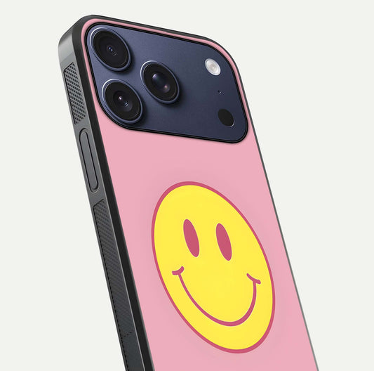 Happy Pink Mood iPhone 17 Pro glass phone case angled back view highlighting bright pink artwork and side grip texture