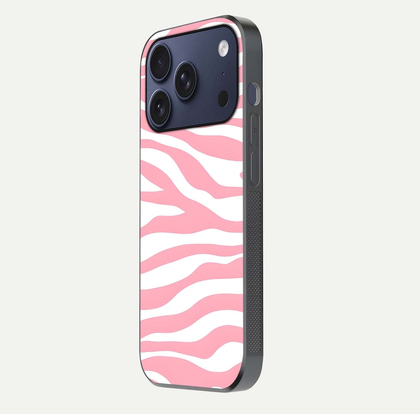 Blush Zebra Flow iPhone 17 Pro glass phone case side profile view focusing on sleek frame and seamless wrap
