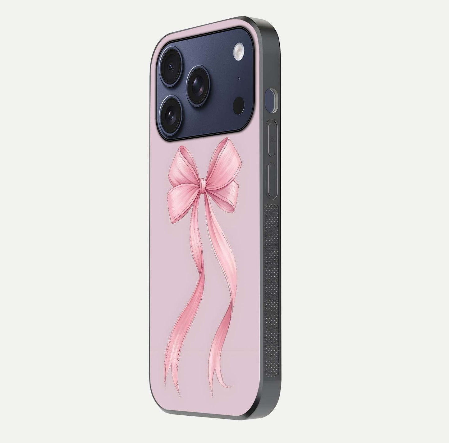 Soft Blush Bow iPhone 17 Pro glass phone case side profile view focusing on sleek edges and seamless wrap