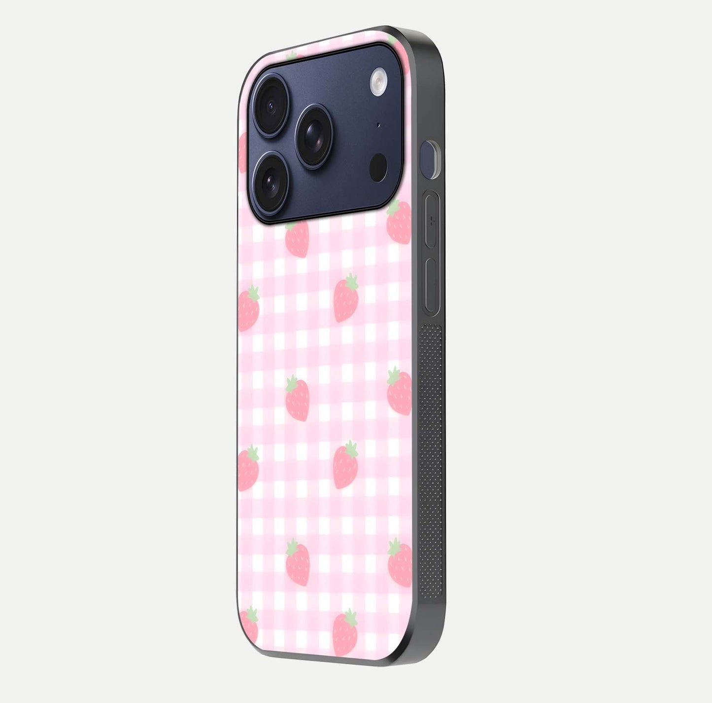 Strawberry Picnic Love iPhone 17 Pro glass phone case side profile view focusing on smooth frame and seamless wrap