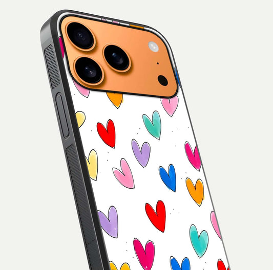 Playful Love Doodles iPhone 17 Pro Max glass phone case angled back view highlighting doodle artwork and textured grip edges