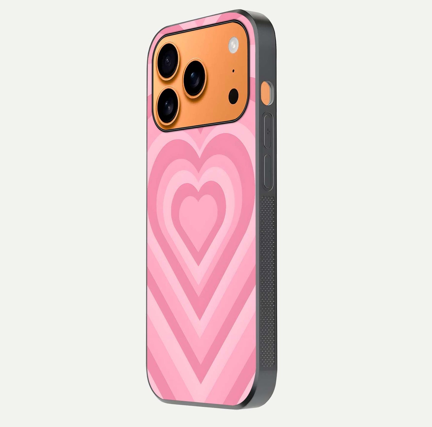 Blush Heart Waves iPhone 17 Pro Max glass phone case side profile view focusing on smooth edges and elegant wrap