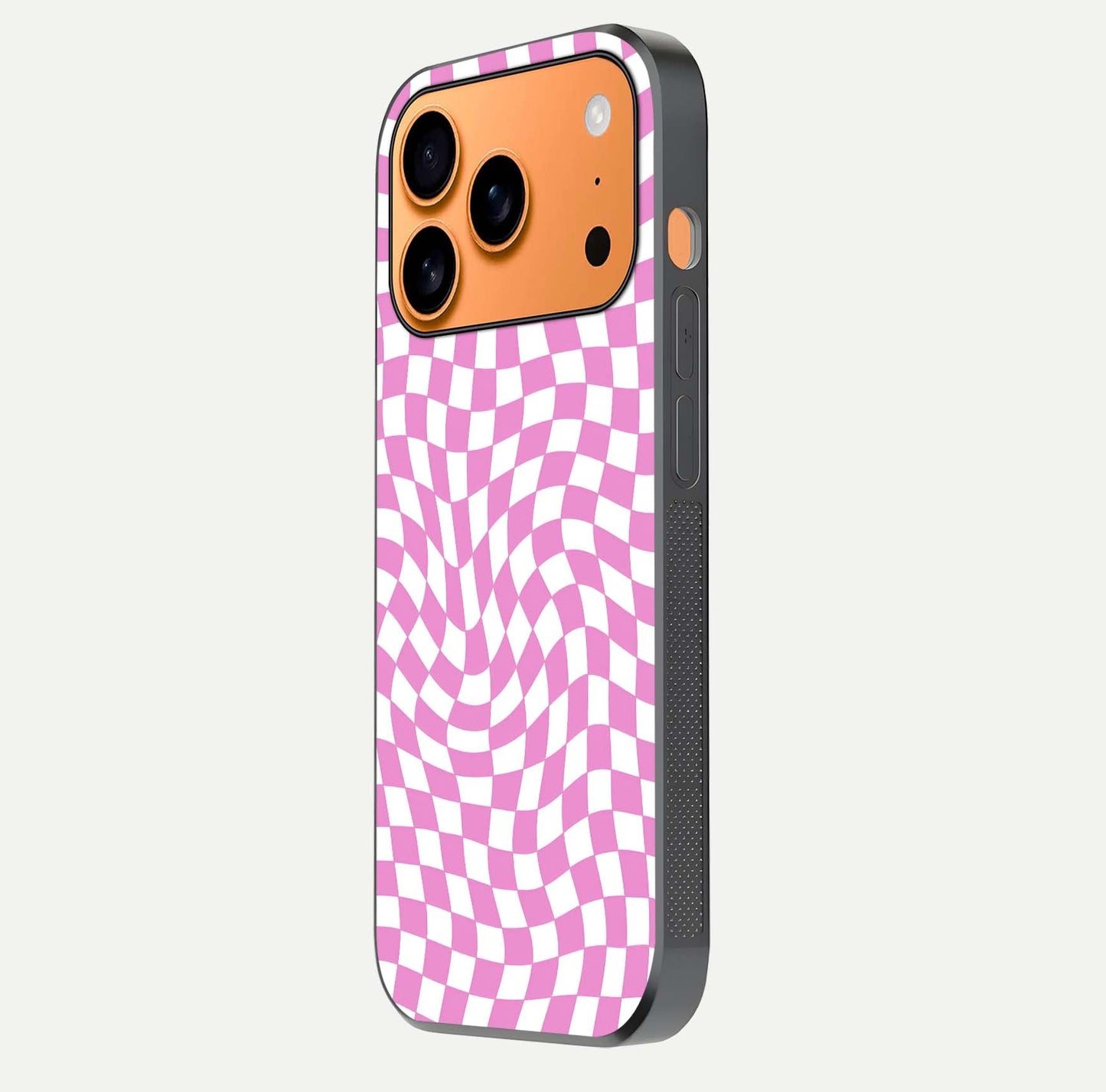 Bubblegum Check Wave iPhone 17 Pro Max glass phone case side profile view focusing on smooth edges and seamless wrap