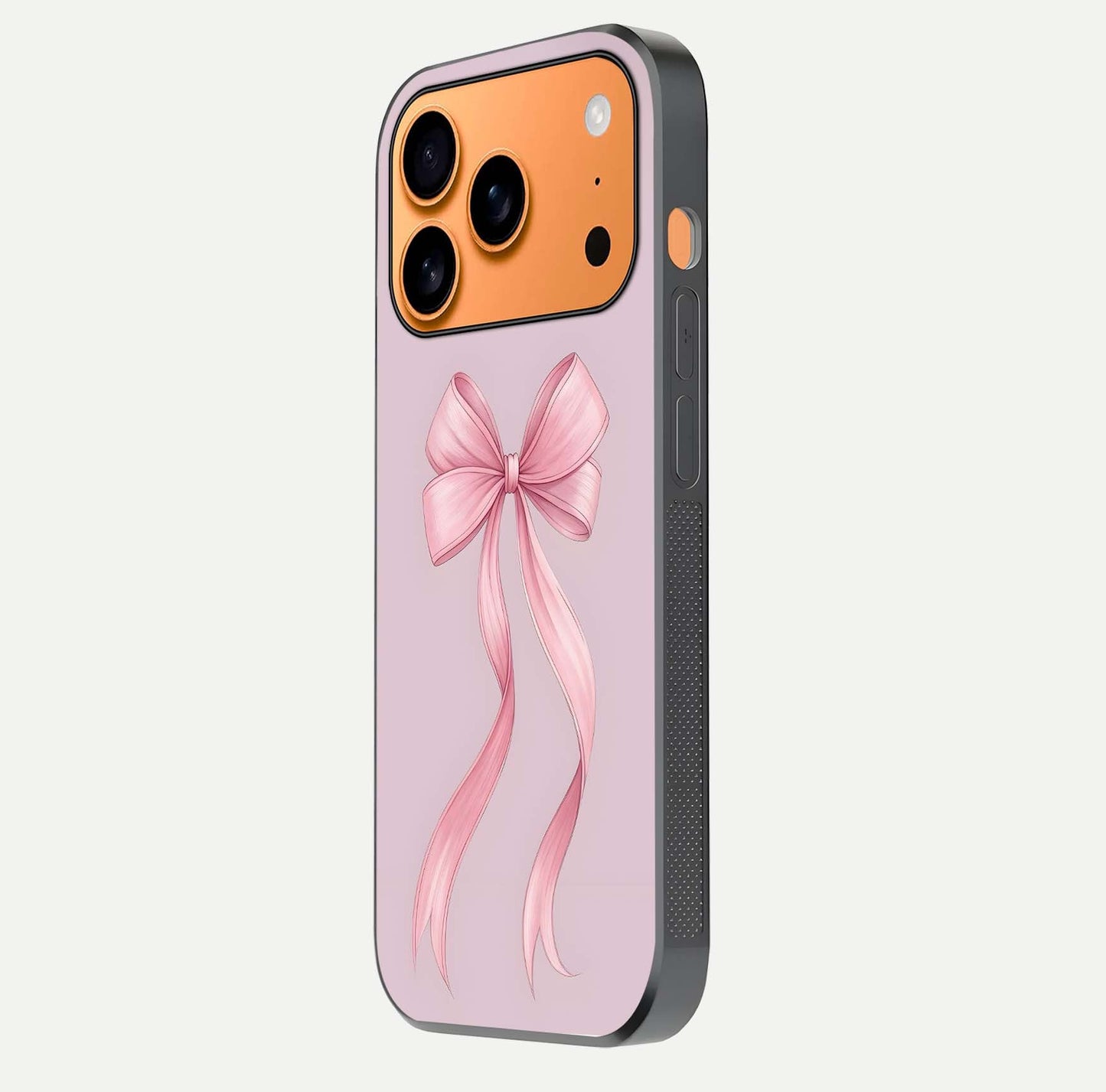 Soft Blush Bow iPhone 17 Pro Max glass phone case side profile view focusing on sleek edges and seamless wrap