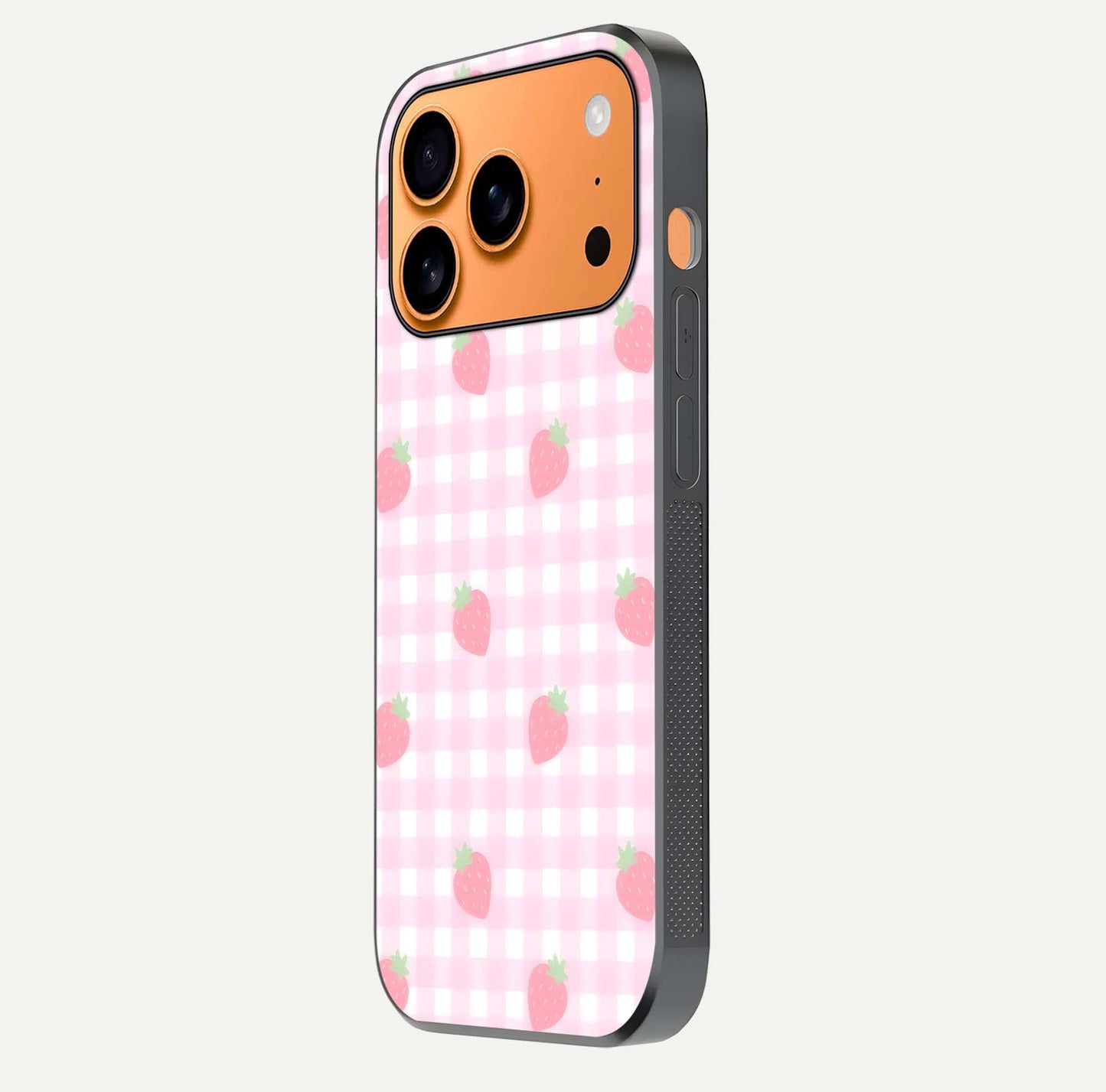 Strawberry Picnic Love iPhone 17 Pro Max glass phone case side profile view focusing on smooth frame and seamless wrap