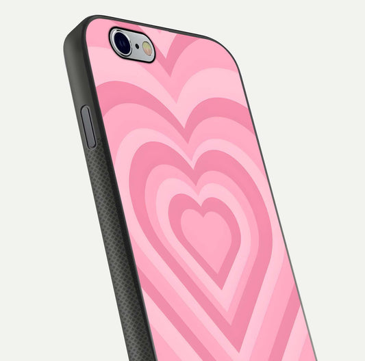Blush Heart Waves iPhone 6 glass phone case angled back view highlighting romantic heart wave artwork and grip texture