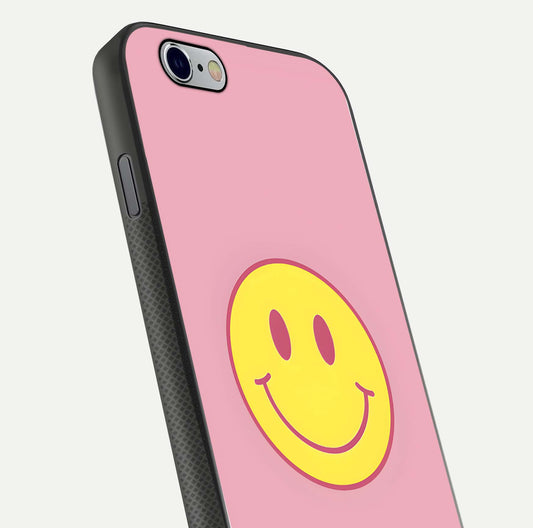 Happy Pink Mood iPhone 6 glass phone case angled back view highlighting bright pink artwork and side grip texture