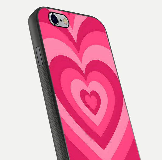 Layered Love Hearts iPhone 6 glass phone case angled back view highlighting heart artwork and textured grip edges