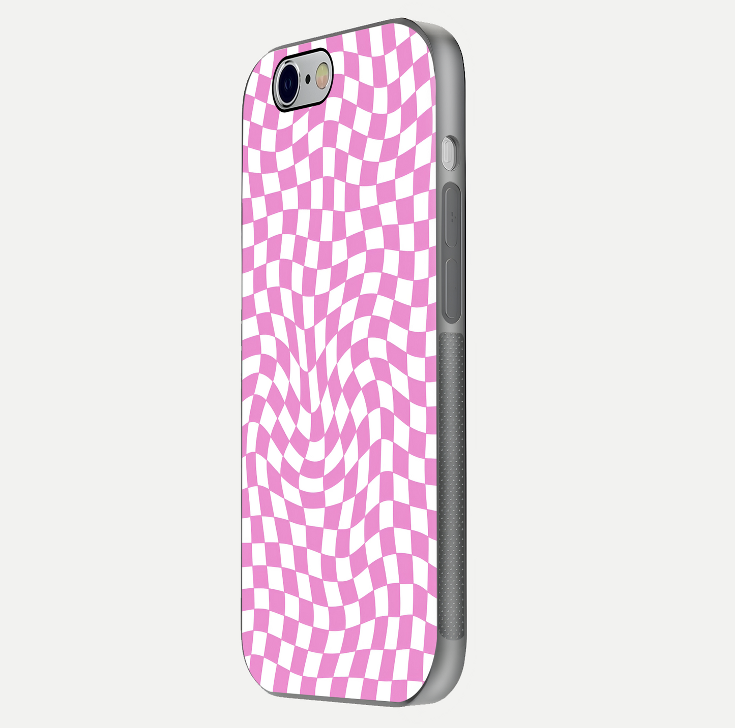 Bubblegum Check Wave iPhone 6 glass phone case side profile view focusing on smooth edges and seamless wrap