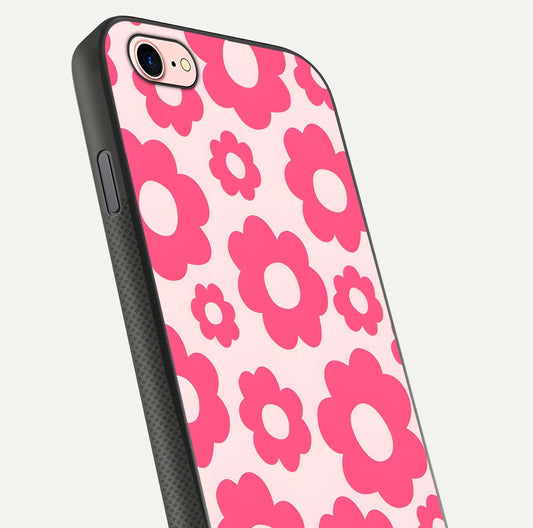Blush Flower Pop iPhone 7 glass phone case angled back view highlighting bright floral pop design and side grip texture