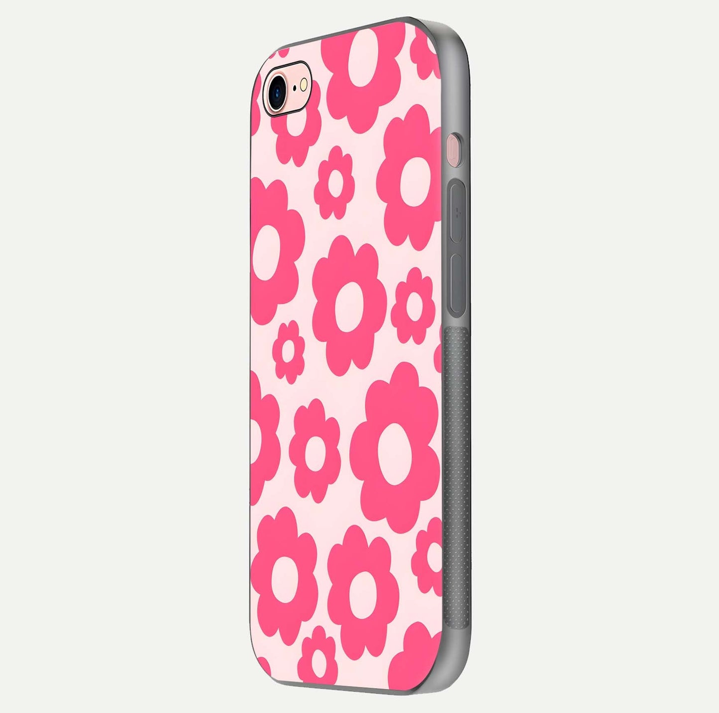 Blush Flower Pop iPhone 7 glass phone case side profile view focusing on clean edges and seamless floral wrap