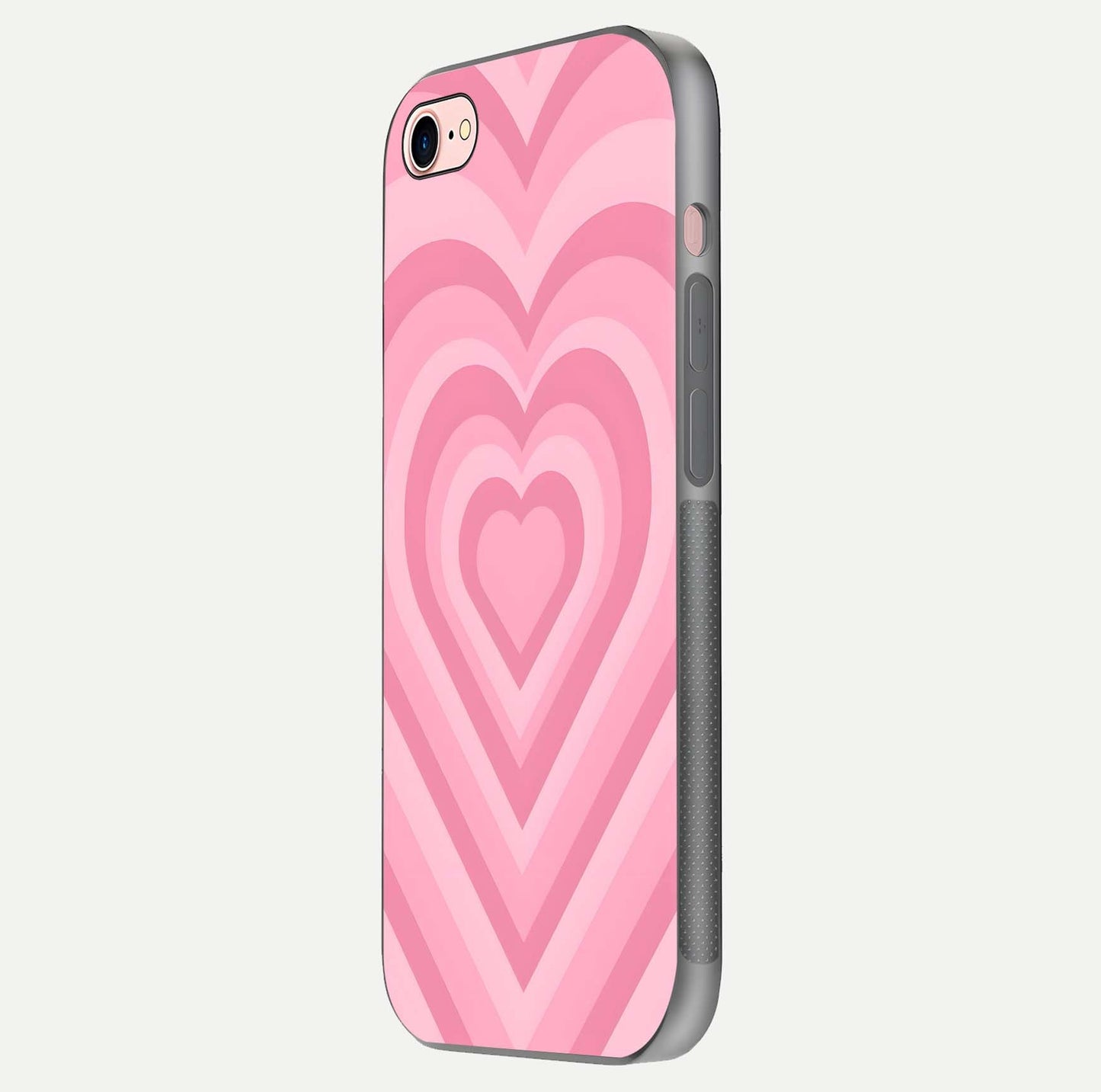 Blush Heart Waves iPhone 7 glass phone case side profile view focusing on smooth edges and elegant wrap