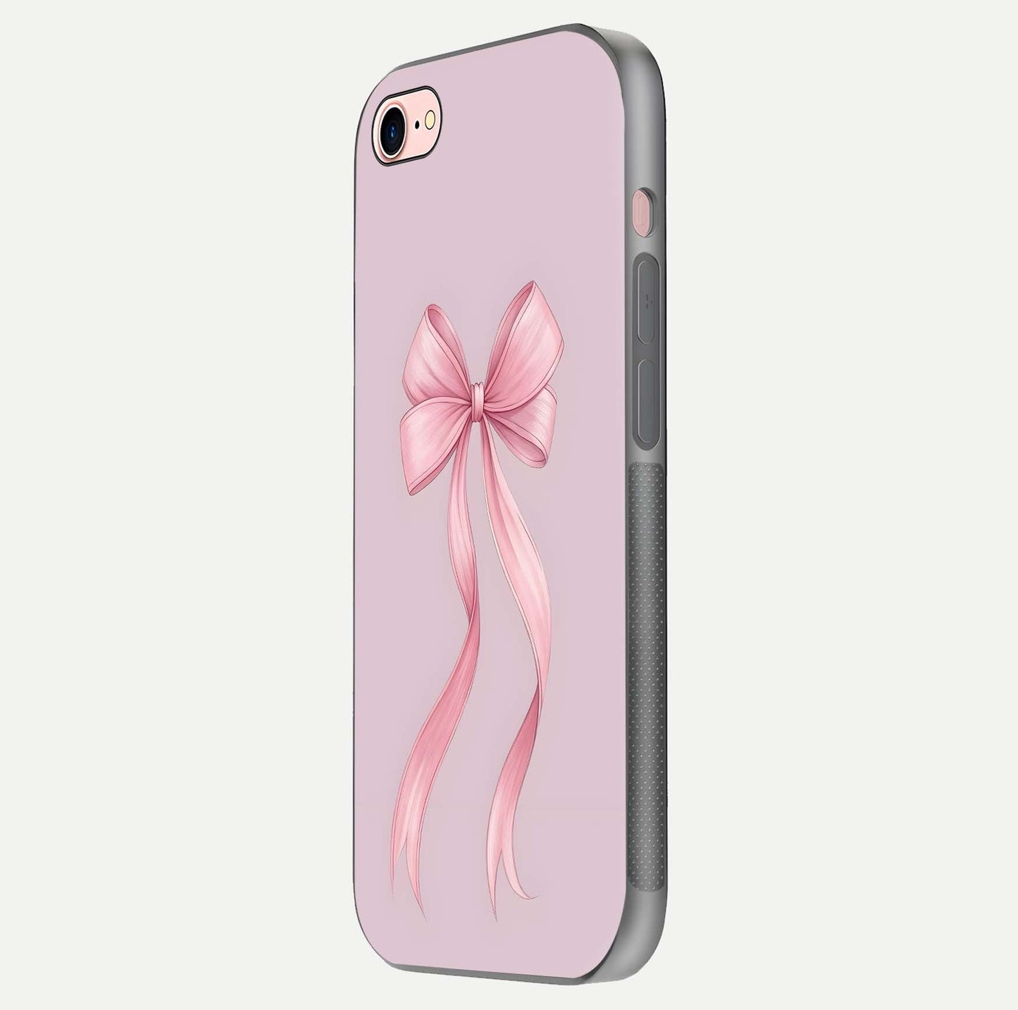 Soft Blush Bow iPhone 7 glass phone case side profile view focusing on sleek edges and seamless wrap