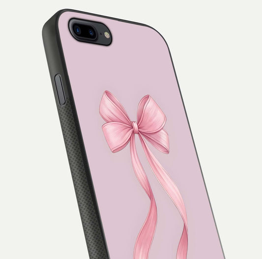 Soft Blush Bow iPhone 7 Plus glass phone case angled back view highlighting bow artwork and side grip texture