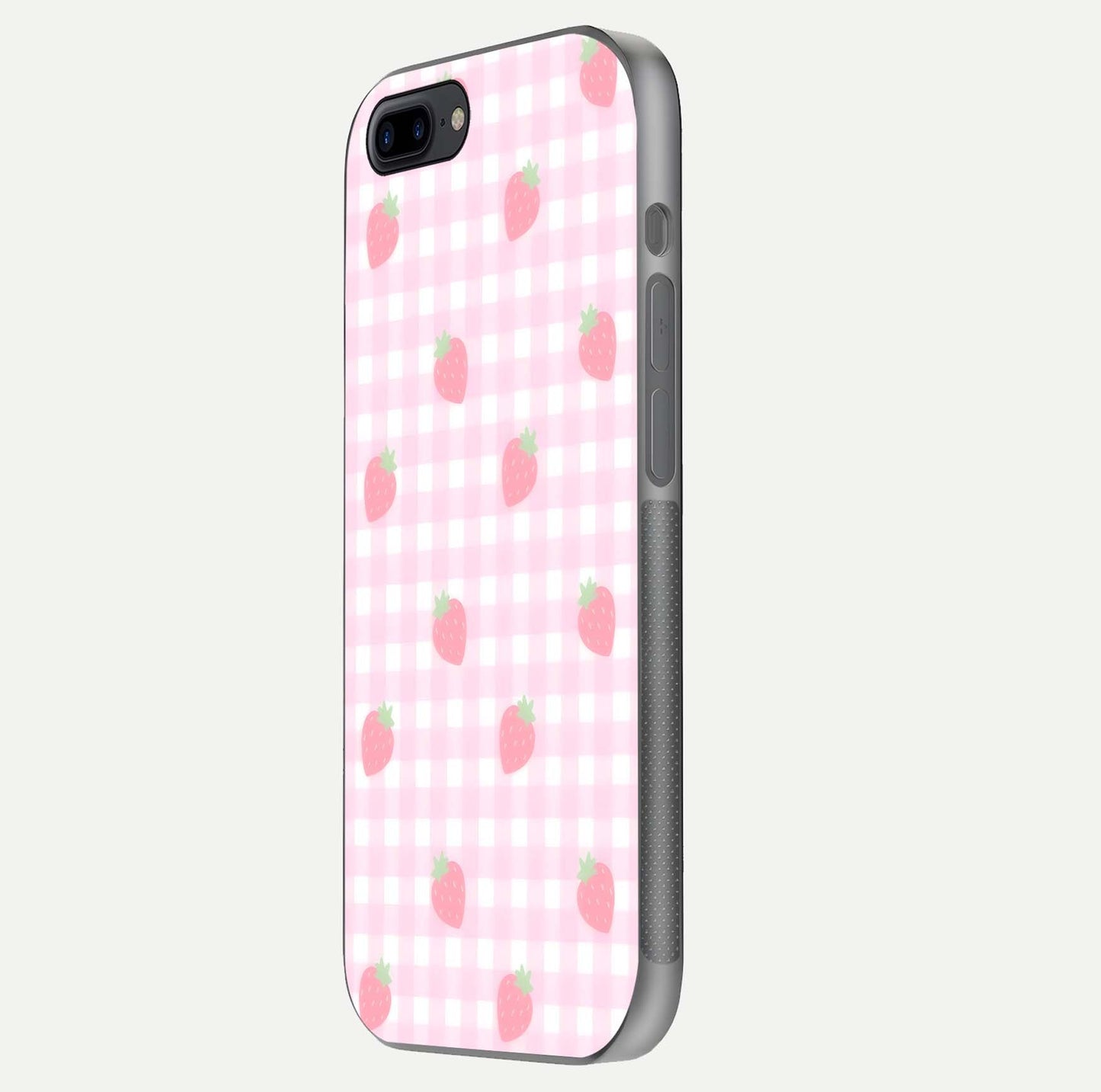 Strawberry Picnic Love iPhone 7 Plus glass phone case side profile view focusing on smooth frame and seamless wrap