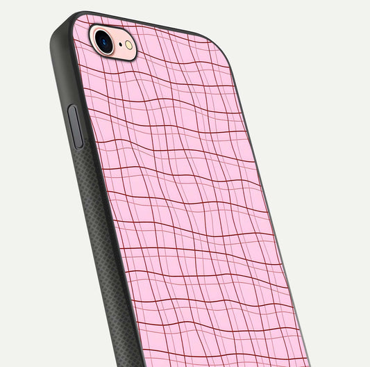 Soft Grid Bliss iPhone 8 glass phone case angled back view highlighting grid artwork and side grip texture