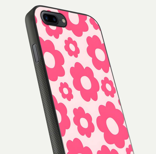 Blush Flower Pop iPhone 8 Plus glass phone case angled back view highlighting bright floral pop design and side grip texture