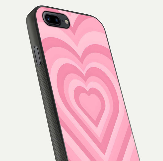 Blush Heart Waves iPhone 8 Plus glass phone case angled back view highlighting romantic heart wave artwork and grip texture