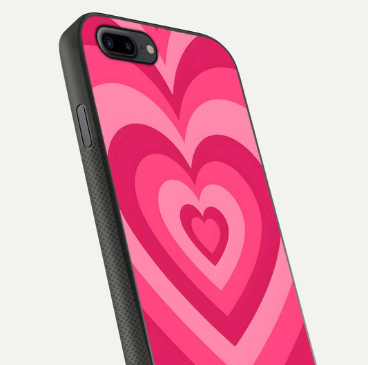 Layered Love Hearts iPhone 8 Plus glass phone case angled back view highlighting heart artwork and textured grip edges