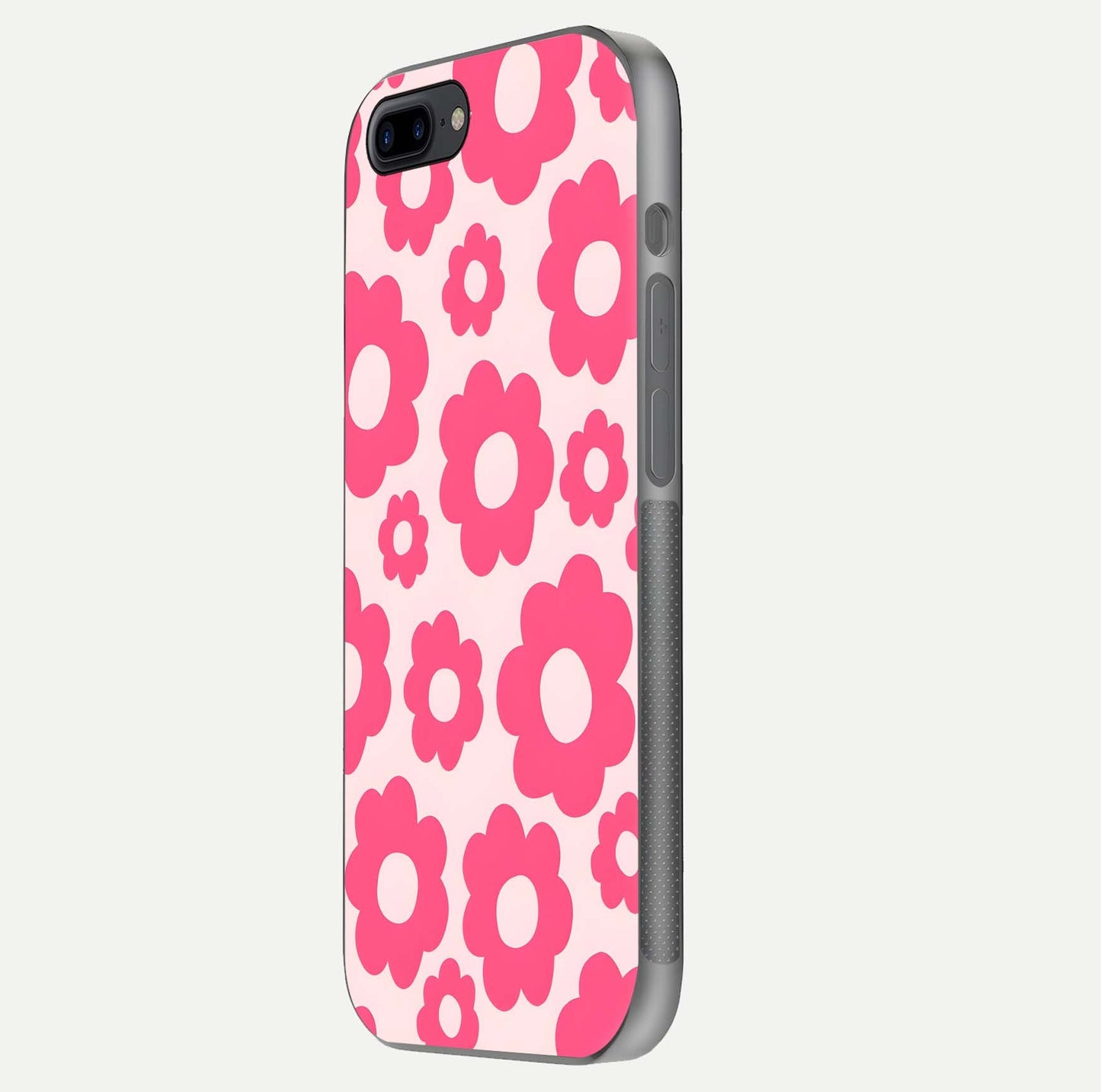 Blush Flower Pop iPhone 8 Plus glass phone case side profile view focusing on clean edges and seamless floral wrap