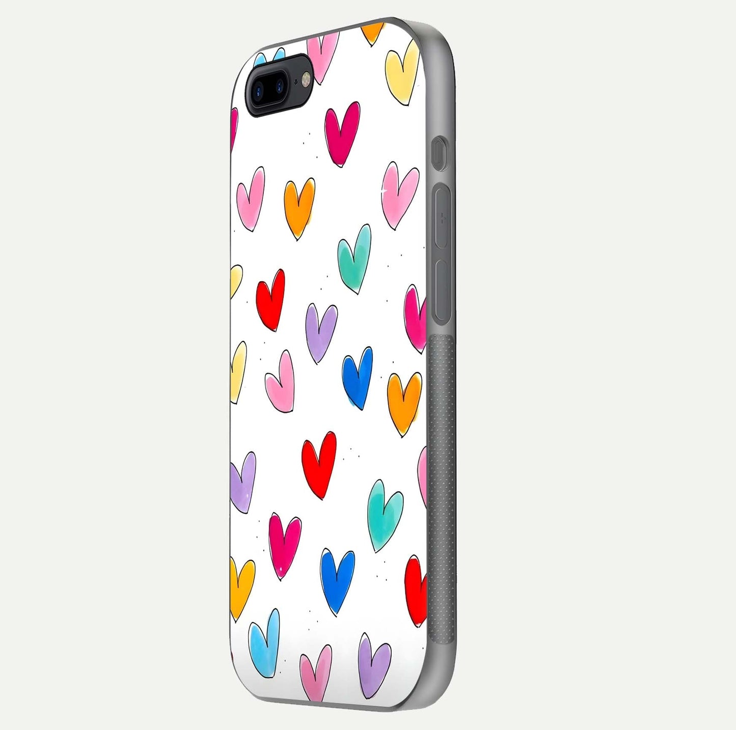 Playful Love Doodles iPhone 8 Plus glass phone case side profile view focusing on smooth frame and seamless wrap