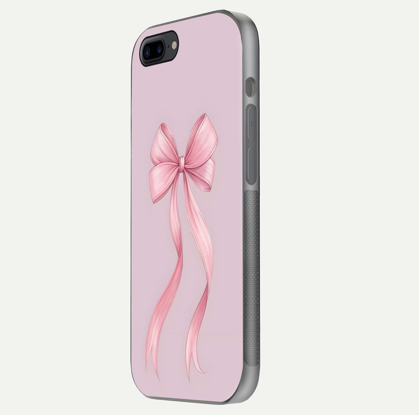 Soft Blush Bow iPhone 8 Plus glass phone case side profile view focusing on sleek edges and seamless wrap