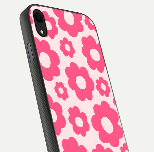 Blush Flower Pop iPhone Xr glass phone case angled back view highlighting bright floral pop design and side grip texture