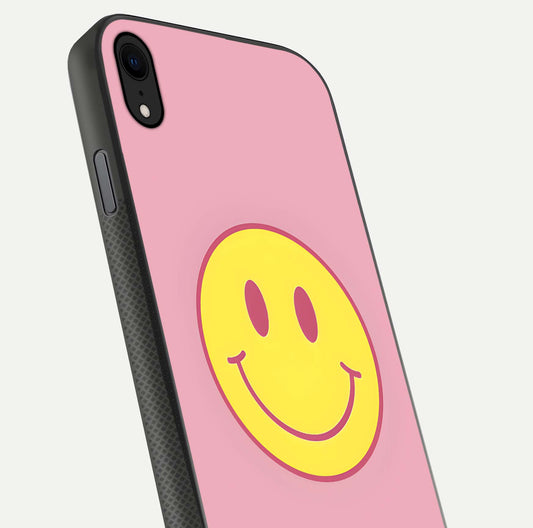 Happy Pink Mood iPhone Xr glass phone case angled back view highlighting bright pink artwork and side grip texture