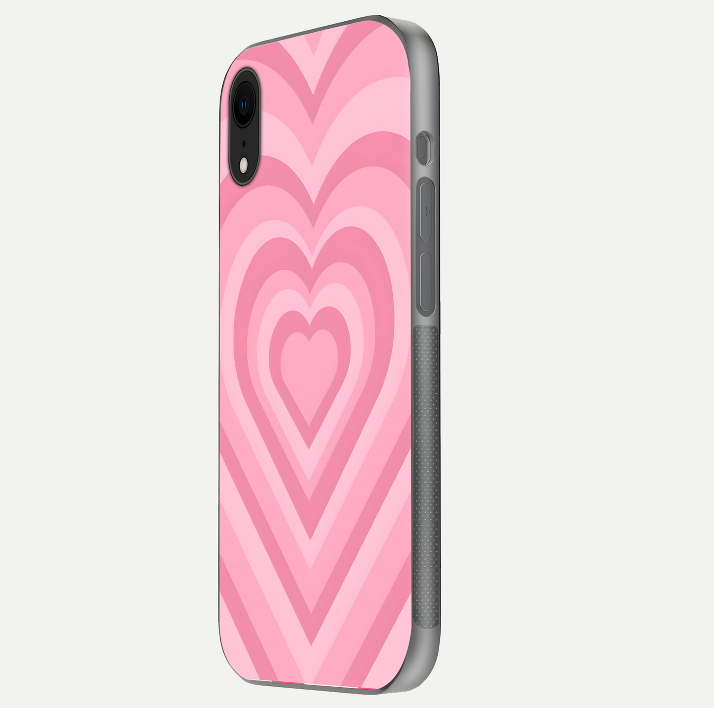 Blush Heart Waves iPhone Xr glass phone case side profile view focusing on smooth edges and elegant wrap