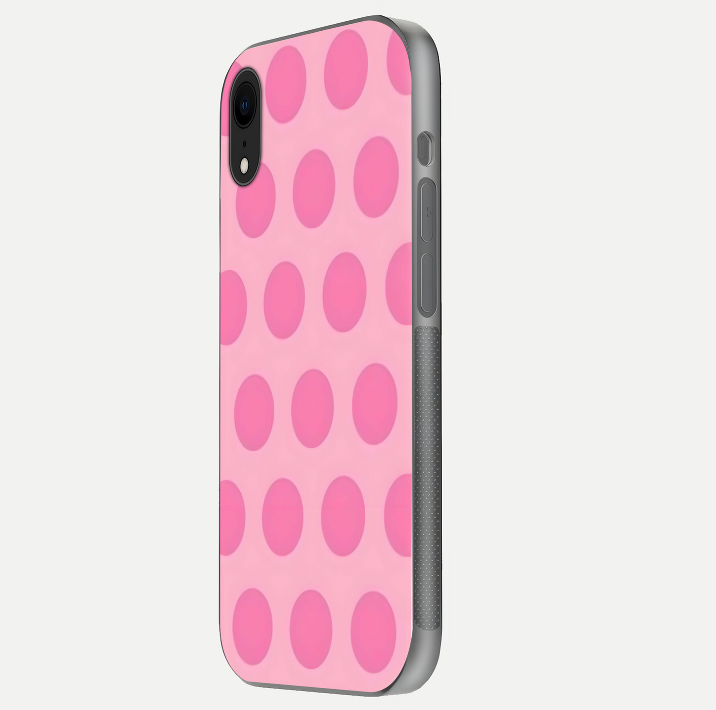 Sweet Dot Dreams iPhone Xr glass phone case side profile view focusing on sleek edges and seamless wrap