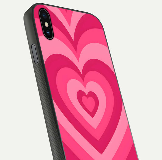 Layered Love Hearts iPhone Xs Max glass phone case angled back view highlighting heart artwork and textured grip edges