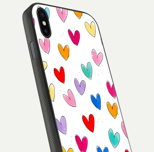 Playful Love Doodles iPhone Xs Max glass phone case angled back view highlighting doodle artwork and textured grip edges