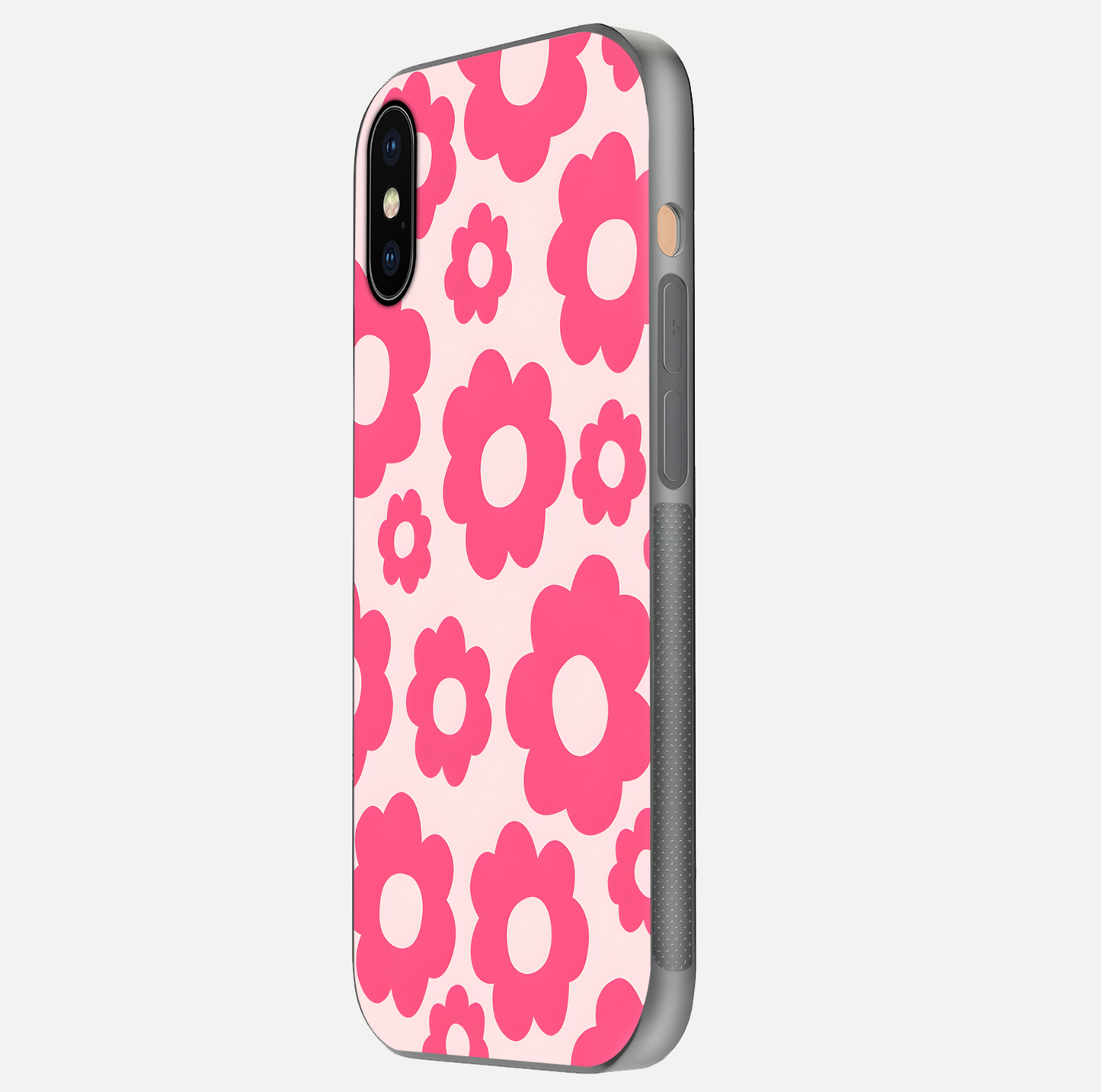 Blush Flower Pop iPhone Xs Max glass phone case side profile view focusing on clean edges and seamless floral wrap