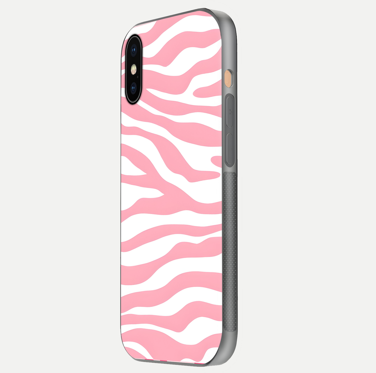Blush Zebra Flow iPhone Xs Max glass phone case side profile view focusing on sleek frame and seamless wrap