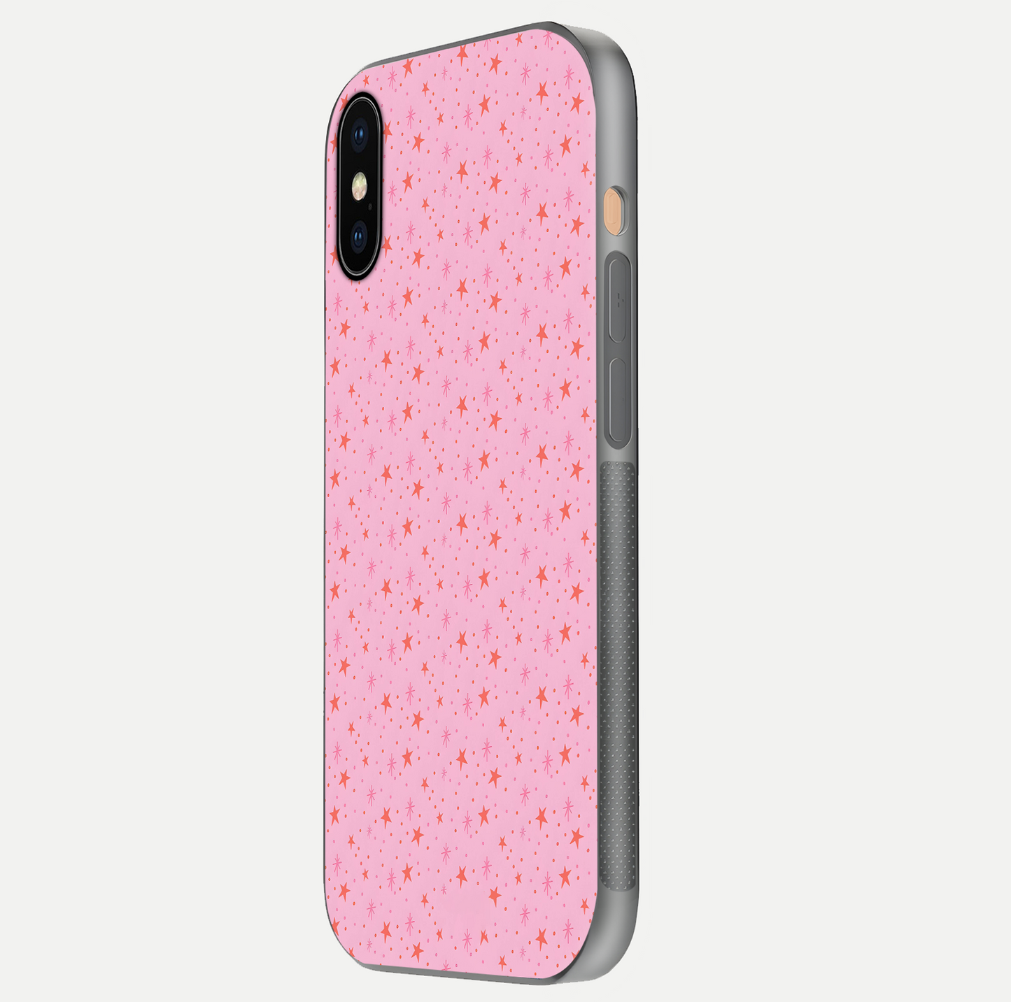 Cosmic Pink Sparkle iPhone Xs Max glass phone case side profile view focusing on sleek edges and seamless wrap