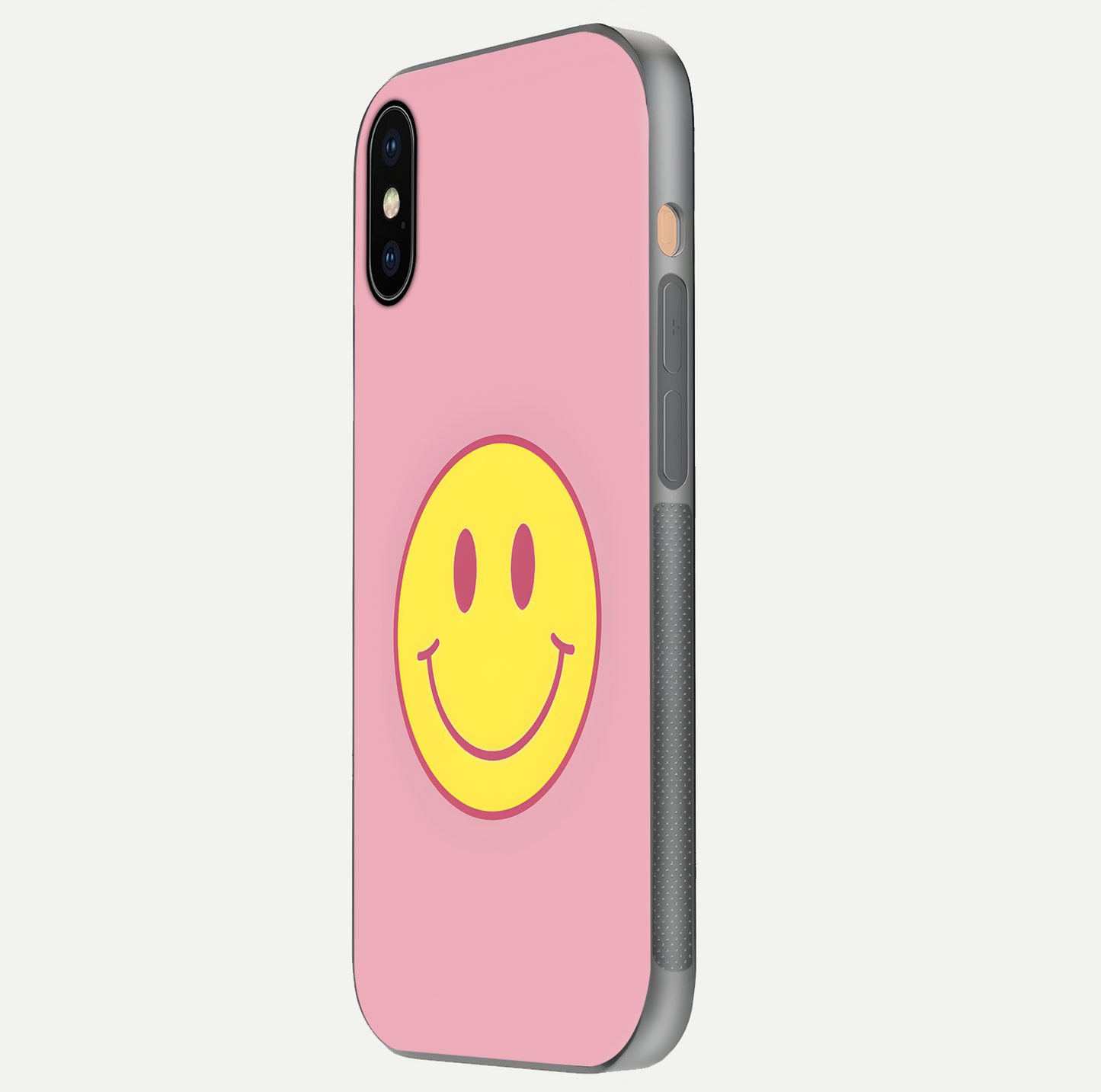 Happy Pink Mood iPhone Xs Max glass phone case side profile view focusing on smooth frame and clean wrap