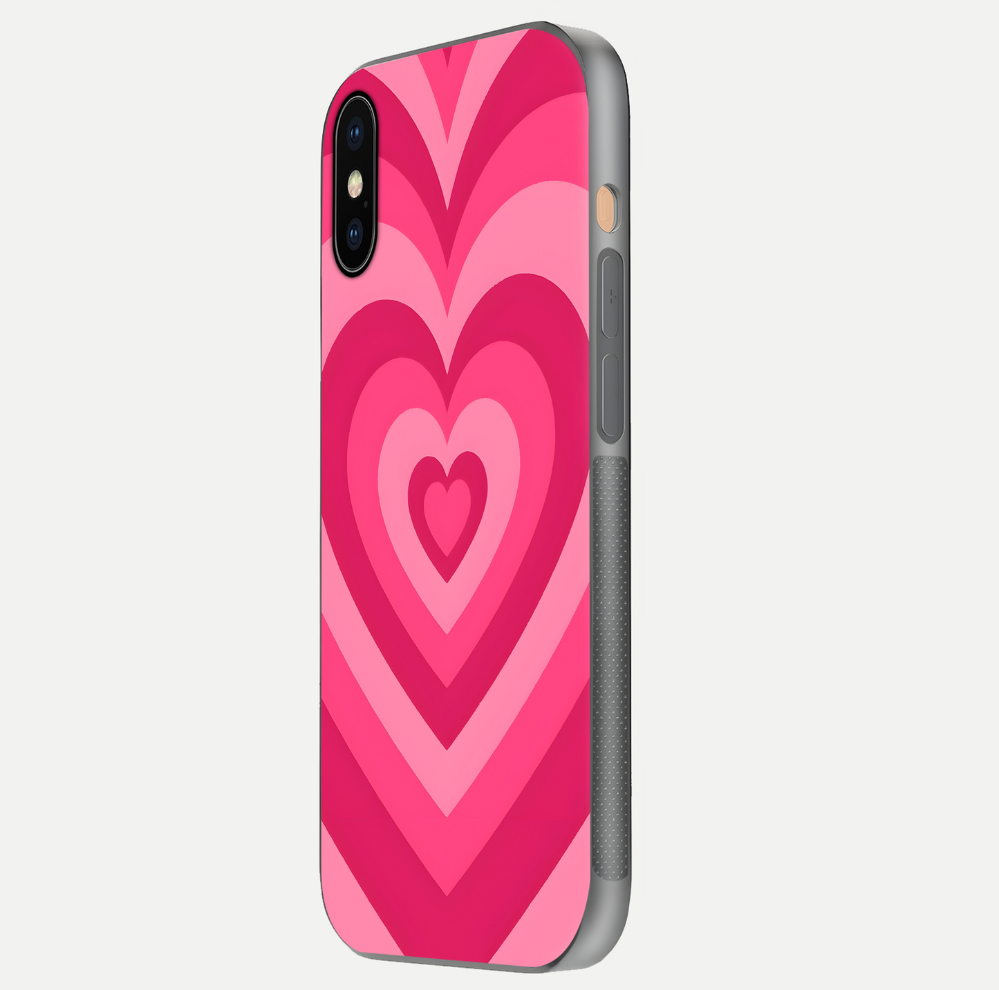 Layered Love Hearts iPhone Xs Max glass phone case side profile view focusing on sleek edges and seamless wrap