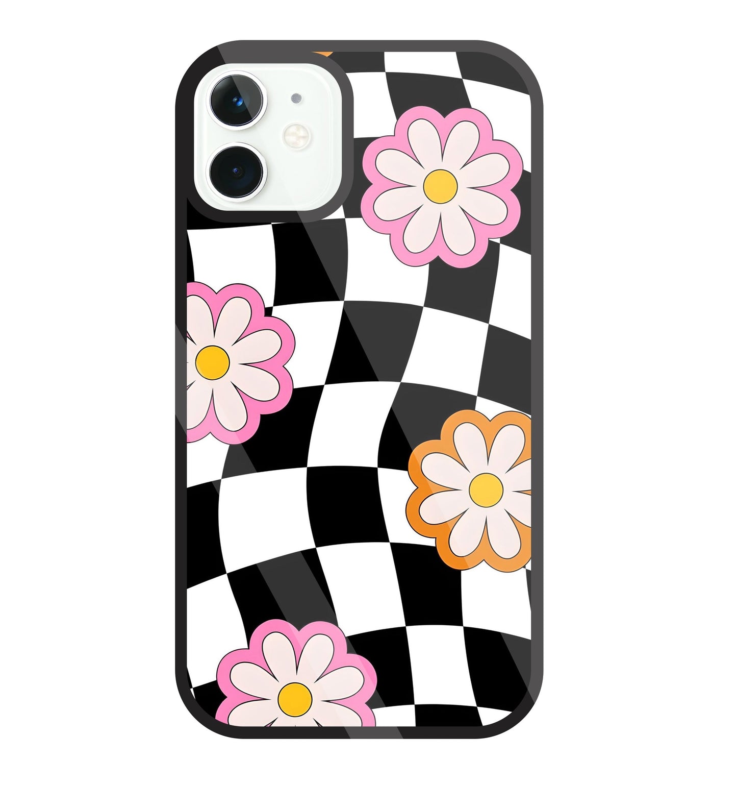 Check Pattern with flowers Glass Case For Apple iPhone 11