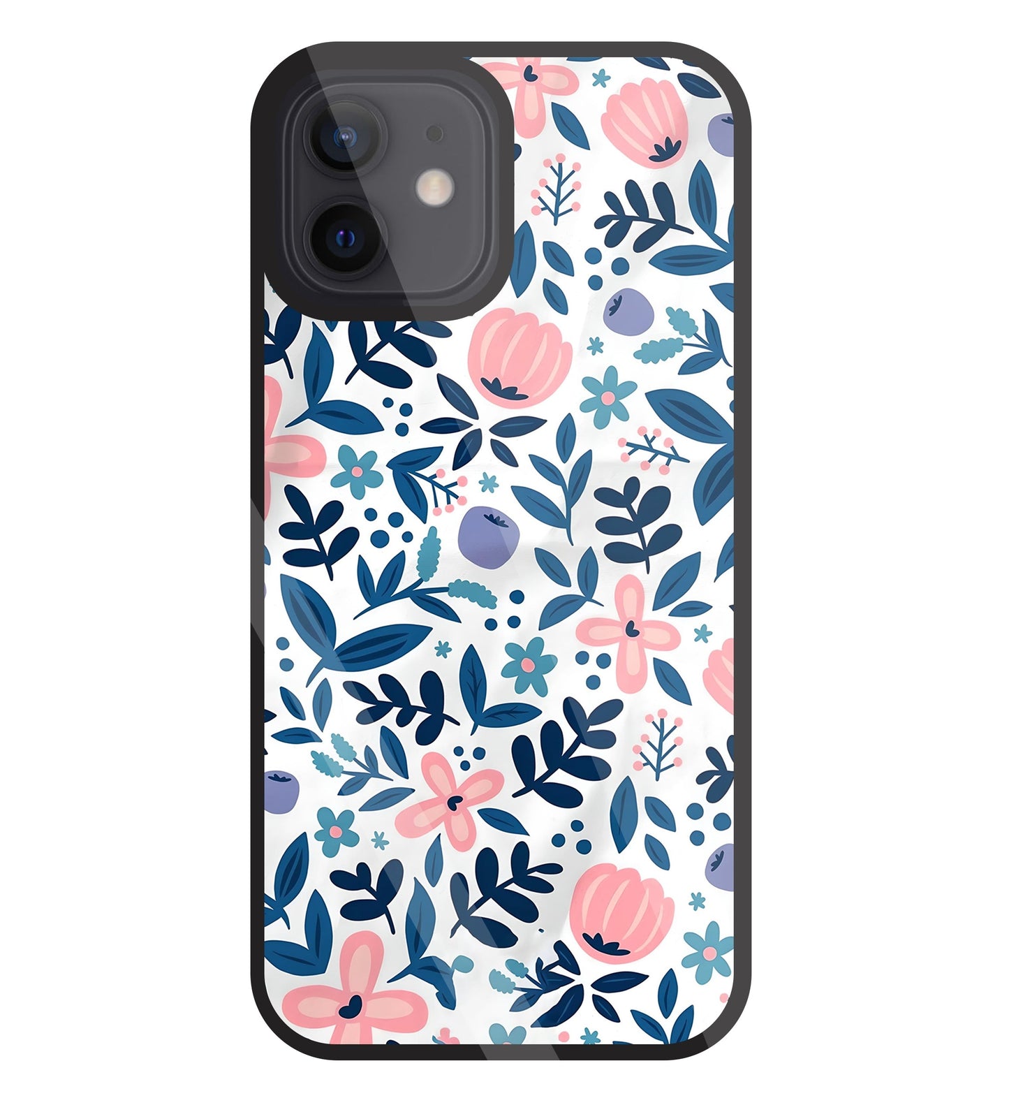Blue- Pink Flower Pattern Glass Case For Apple iPhone 12