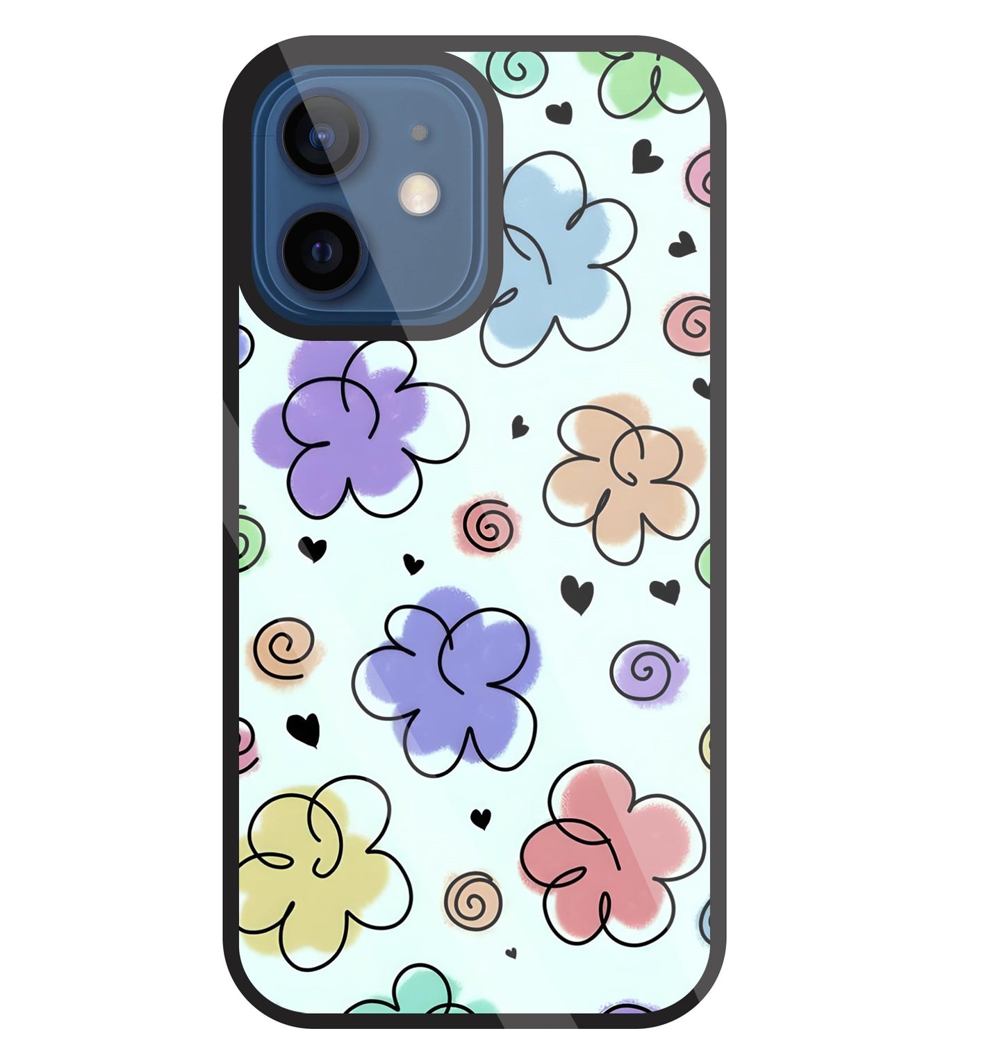 Cute Line Art Flowers Glass Case For Apple iPhone 12 Mini