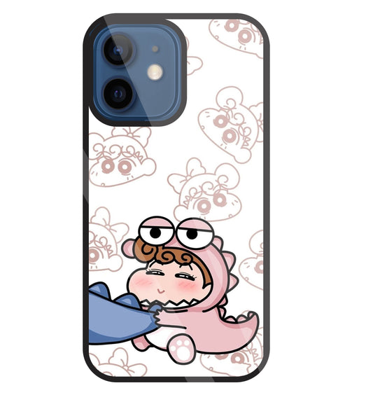Shinchan Pink Dino Glass Case For Apple iPhone 12 Mini