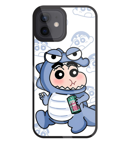 Shinchan Blue Dino Glass Case For Apple iPhone 12